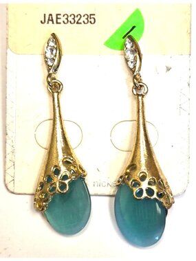 Gold-Tone Teardrop Earrings With Blue Glass Stones & Rhinestone Accents
